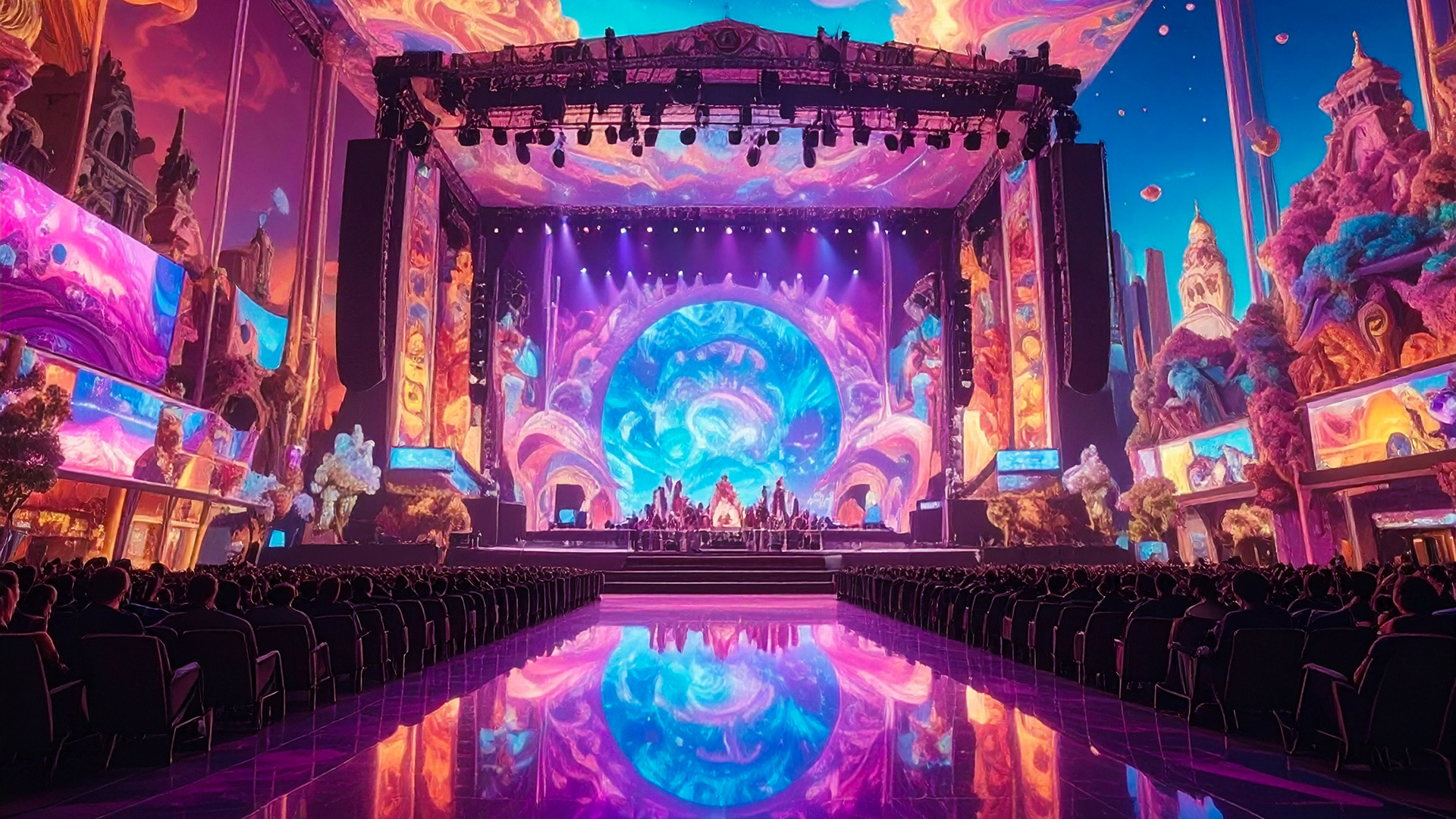 Bild ki-generiert Eine in grellen Farben ausgeleuchtete Bühne