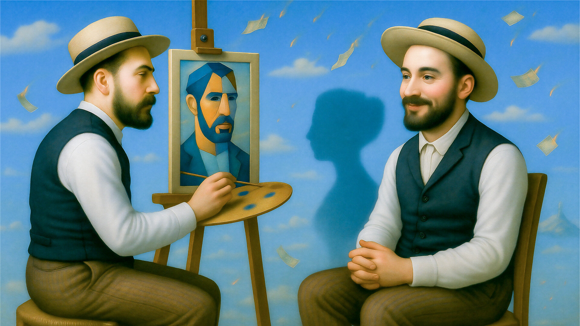 Ein sitzender Mann malt sein Abbild